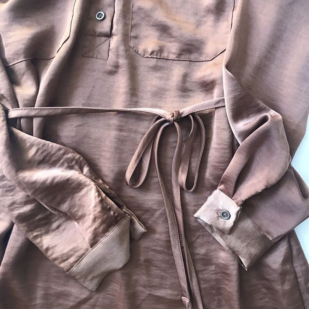 NWT Lucky Brand Long Sleeve Satin Shirtdress Pecan Pie Brown Tie Belt Dress SZ S - Picture 8 of 12